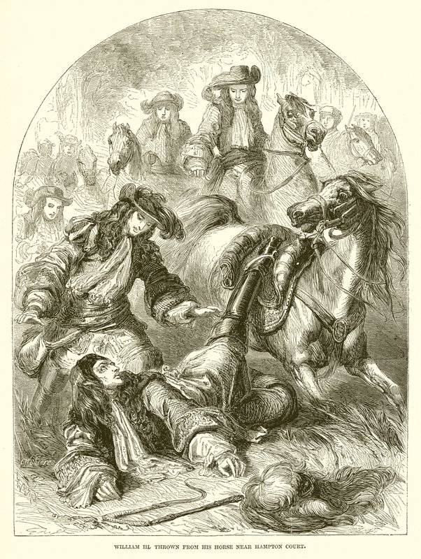 Wilhelm III. stürzt bei Hampton Court von seinem Pferd von English School