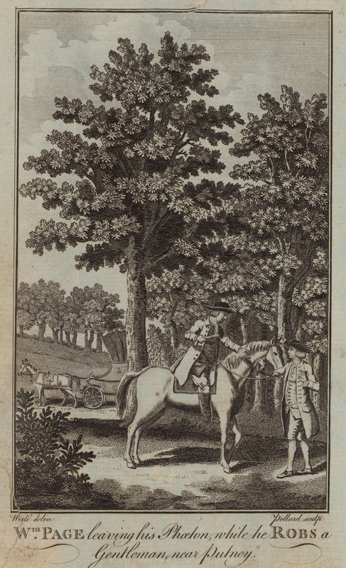 William Page verlässt seinen Phaeton, während er einen Gentleman in der Nähe von Putney beraubt von English School