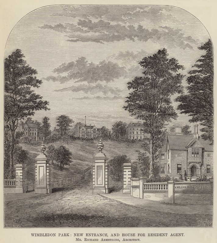 Wimbledon Park, neuer Eingang und Haus für den ansässigen Agenten (Stich) von English School