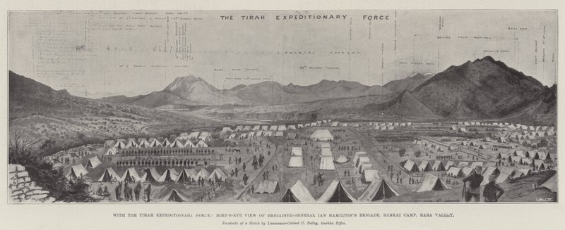 Mit der Tirah-Expeditionsstreitmacht, Vogelperspektive auf die Brigade von Brigadegeneral Ian Hamilton, Barkai-Lager, Bara-Tal von English School
