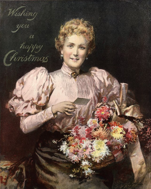 Frau mit Blumenstrauß, mit der Aufschrift: Frohe Weihnachten von English School