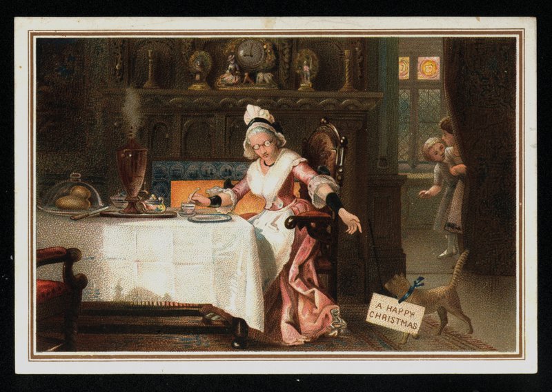 Frau trinkt Tee mit ihrer Katze, Weihnachtsgrußkarte von English School