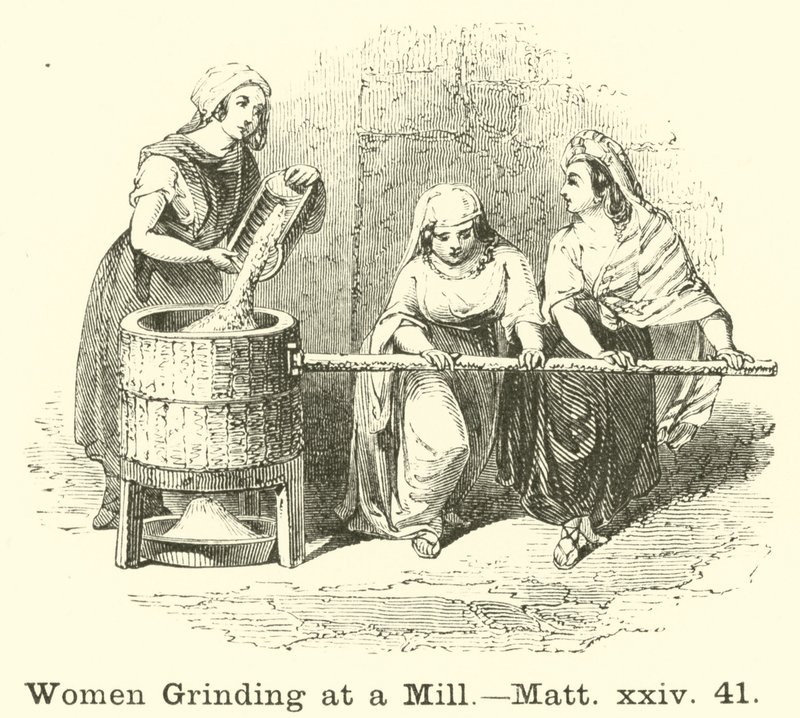 Frauen mahlen an einer Mühle von English School