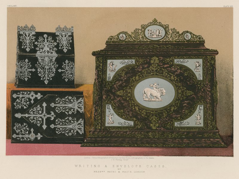 Schreib- und Briefumschlagkästen von Messrs Mechi und Bazin, London von English School