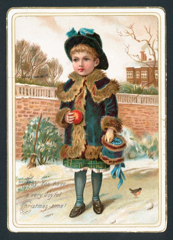 Junges Mädchen hält Pelzmuff und Apfel, Weihnachtskarte von English School
