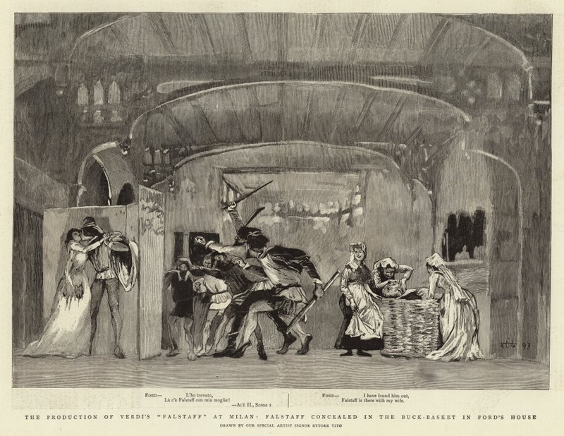 Die Produktion von Verdis Falstaff in Mailand, Falstaff versteckt im Wäschekorb im Haus von Ford von Ettore Tito