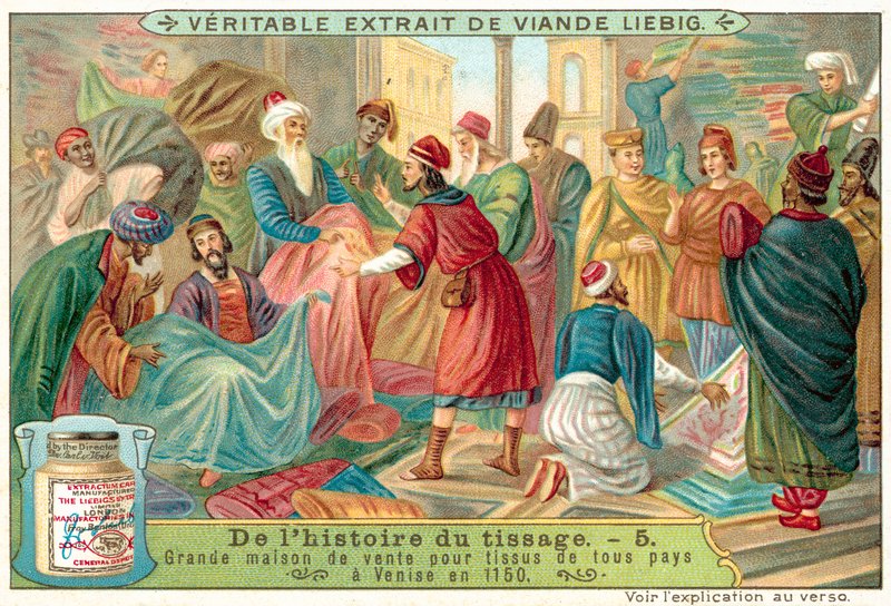 Markt in Venedig, der Stoffe aus vielen Ländern verkauft, 1150 von European School