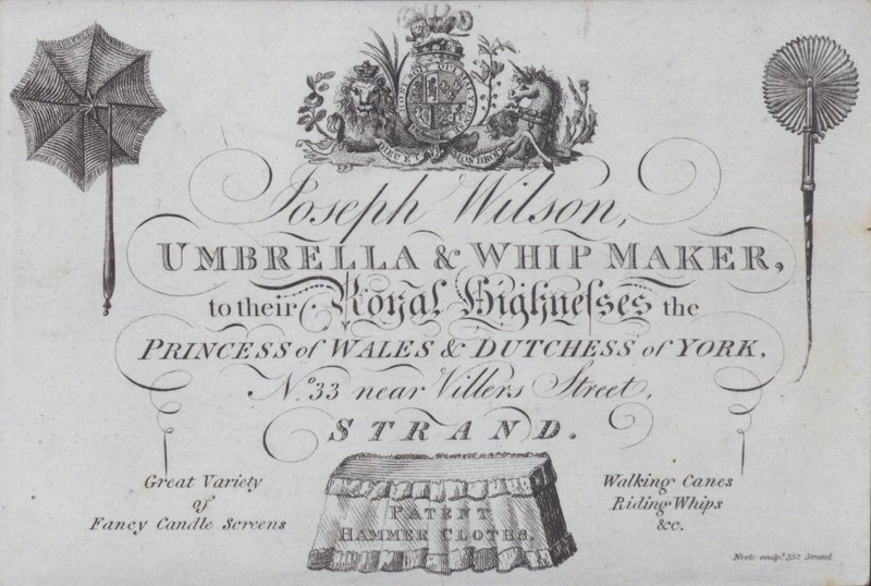 Werbung für Joseph Wilson, Schirm- und Peitschenmacher, London von European School