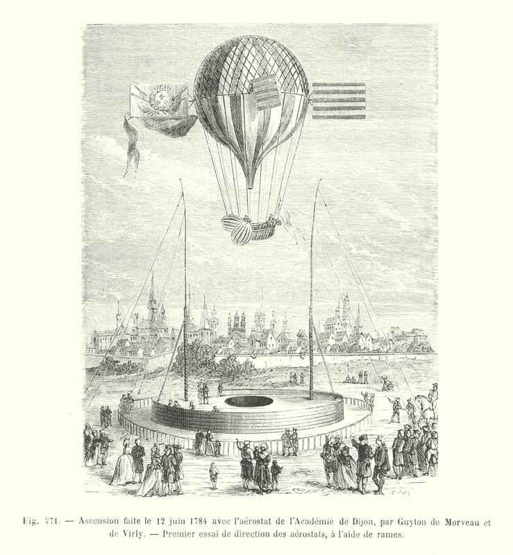 Aufstieg am 12. Juni 1784 mit dem Aerostat der Akademie von Dijon, durch Guyton de Morveau und de Virly, Erster Versuch der Steuerung von Aerostaten mit Hilfe von Rudern (Stich) von European School