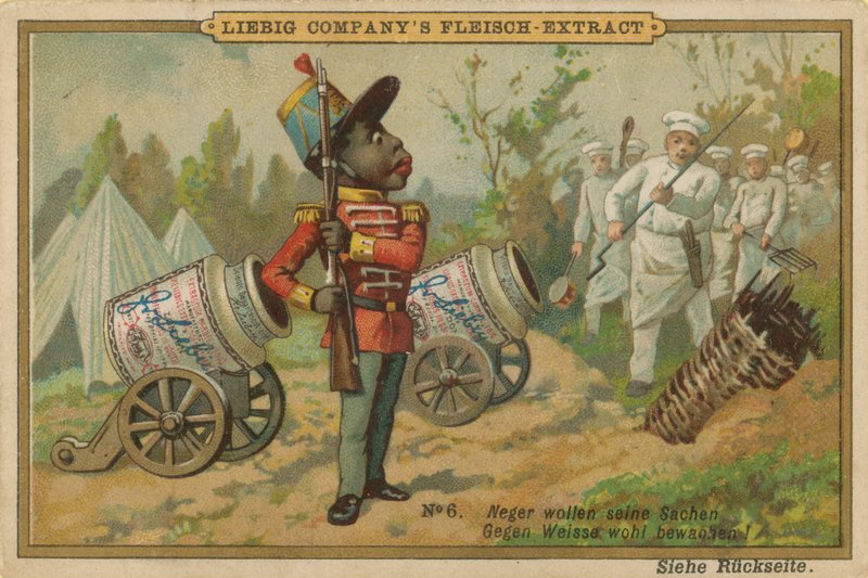 Karikatur Afrikaner bewacht Leibig Fleischextrakt Kanone von European School