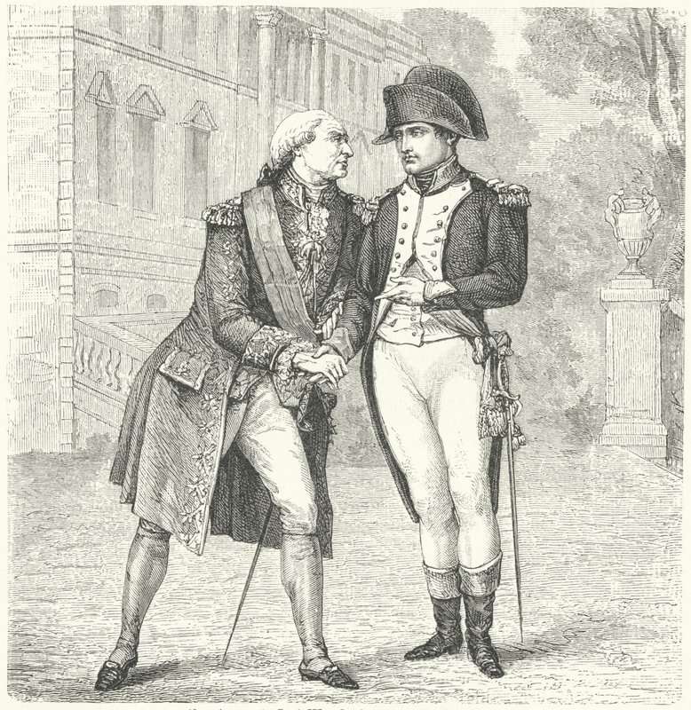 Karl IV. von Spanien mit Napoleon (Stich) von European School