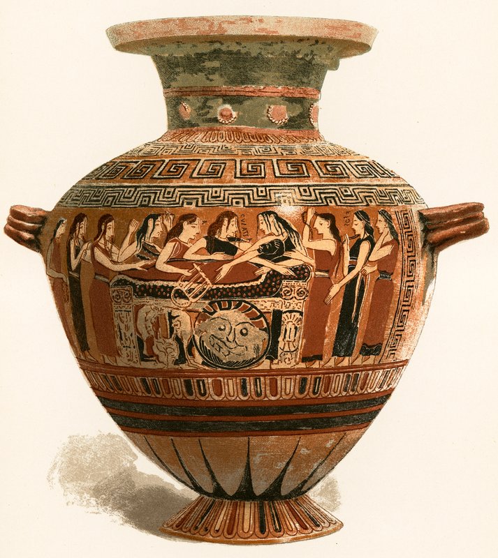 Korinthische Vase. Louvre-Museum. Trauer um den toten Achilleus von European School