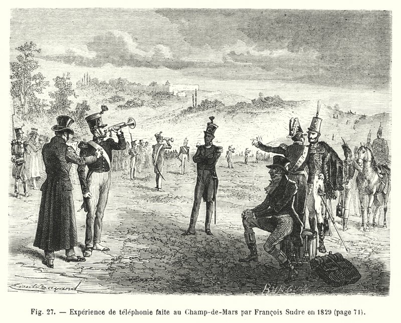 Telefonieexperiment auf dem Champ-de-Mars von Francois Sudre, 1829 von European School
