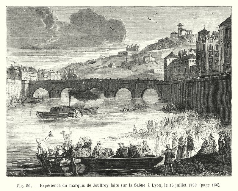 Experiment des Marquis de Jouffroy auf der Saone in Lyon, 15. Juli 1783 (Stich) von European School