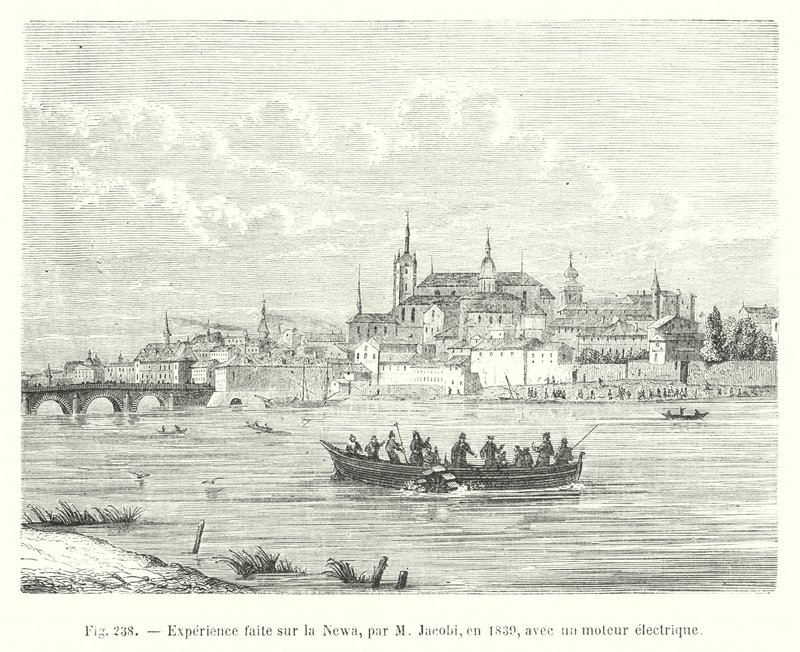 Erfahrung gemacht auf der Newa, von M Jacobi, 1839, mit einem Elektromotor von European School