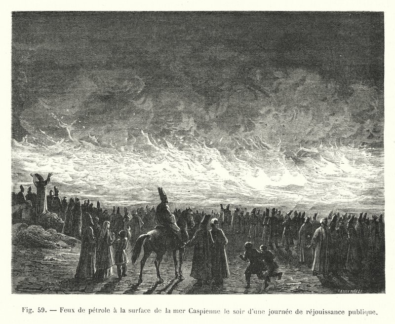 Petroleumfeuer auf der Oberfläche des Kaspischen Meeres am Abend eines öffentlichen Festtages von European School
