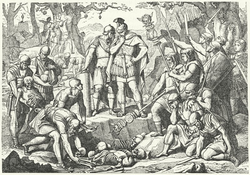 Germanicus begräbt die Knochen der Soldaten der drei römischen Legionen, die von Publius Quinctilius Varus in der Schlacht im Teutoburger Wald im Jahr 9 n. Chr. von den Germanen zerstört wurden von European School