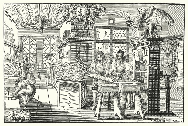 Innenansicht einer Buchdruckerwerkstatt, ca. 1676 (Stich) von European School