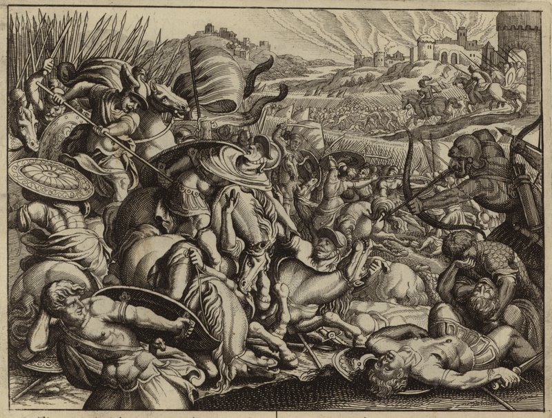 Israeliten besiegen die Benjaminiten und verbrennen ihre Stadt (Gravur) von European School