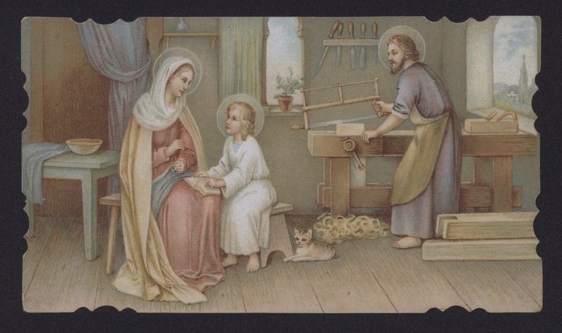 Jesus Christus als Junge mit seiner Mutter Maria in Josephs Tischlerwerkstatt von European School