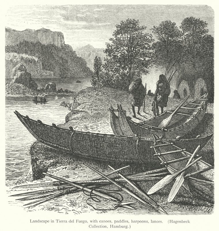 Landschaft in Feuerland mit Kanus, Paddeln, Harpunen, Lanzen (Gravur) von European School