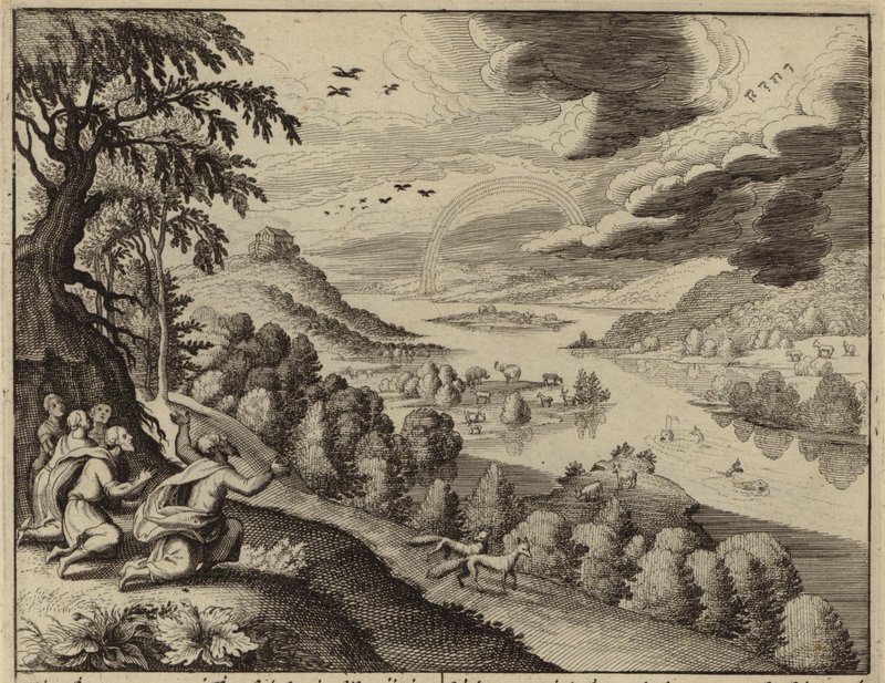 Noah beobachtet den Regenbogen, Gottes Zeichen, dass die Flut nicht wiederkommen würde (Gravur) von European School