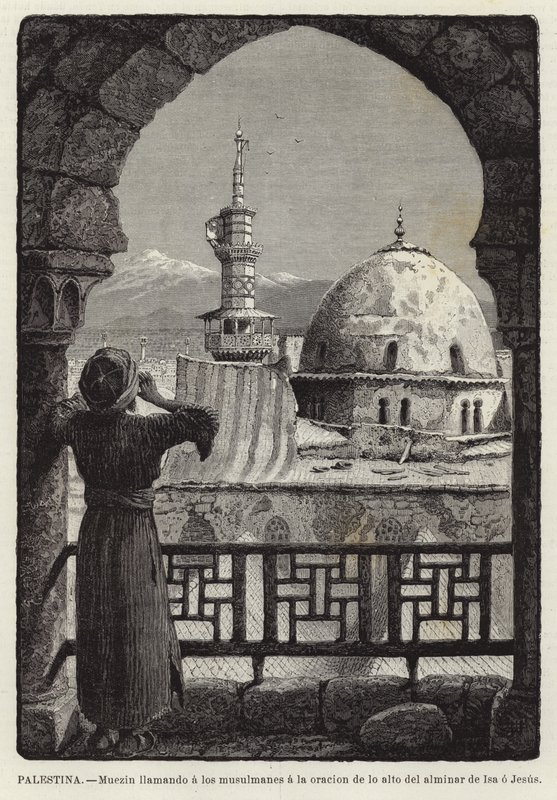 Palästina, Muezzin ruft die Muslime zum Gebet vom Minarett von Isa oder Jesus von European School