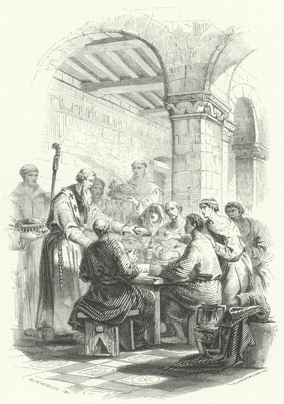 Der heilige Eligius verteilt Essen an die Armen (Stich) von European School