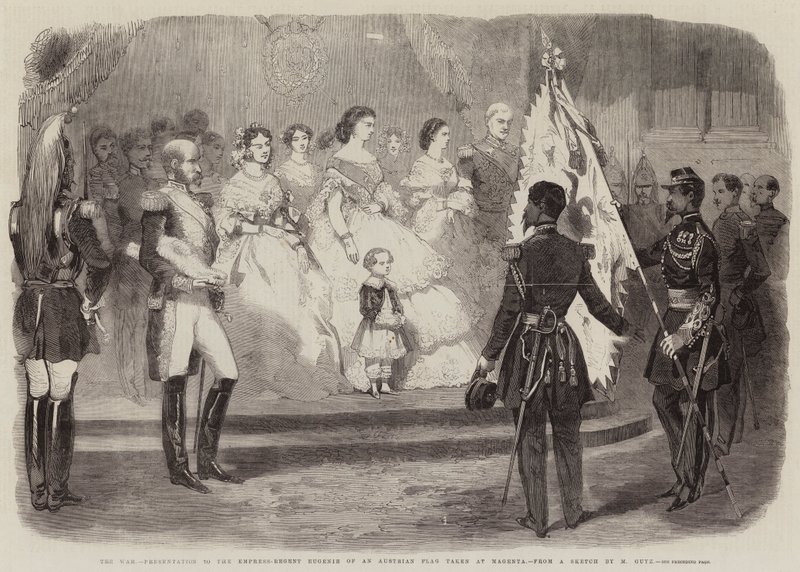 Die Kriegspräsentation an die Kaiserin-Regentin Eugenie einer in Magenta erbeuteten österreichischen Flagge (Stich) von European School