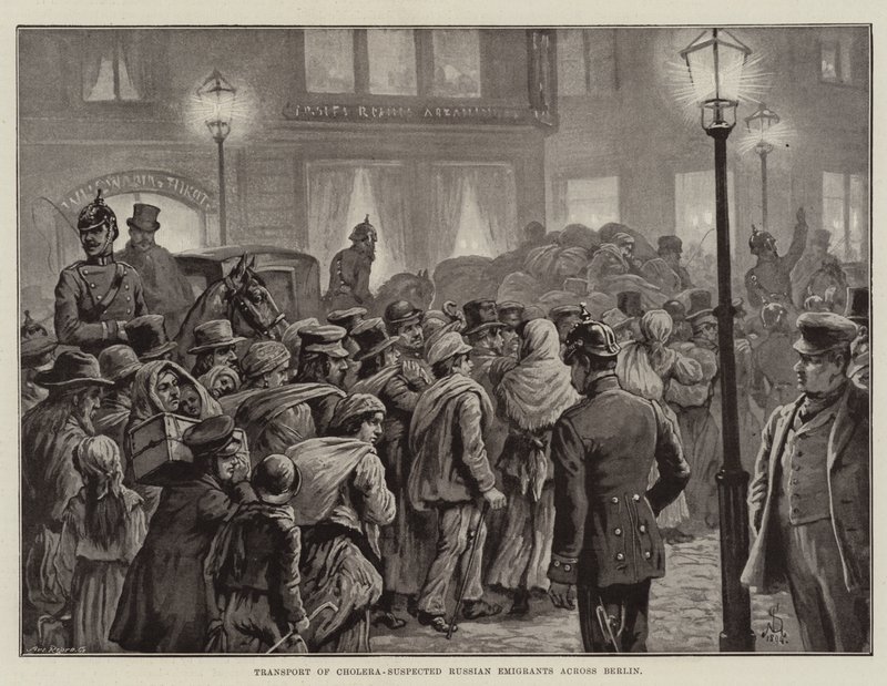 Transport von cholera-verdächtigen russischen Emigranten durch Berlin (Lithographie) von European School