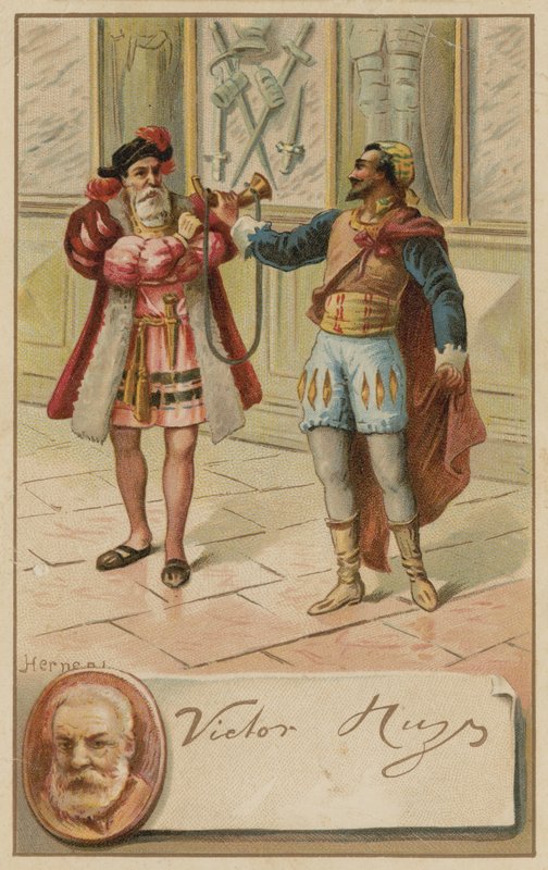 Victor Hugo, französischer Autor, und eine Szene aus seinem Stück Hernani (1830) von European School