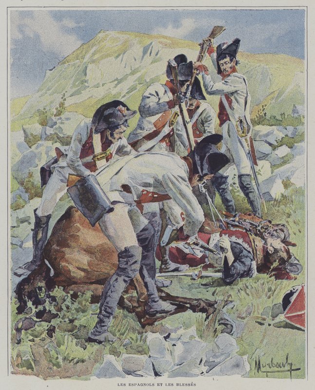 Spanische Truppen töten verwundete Soldaten von Felicien baron de after Myrbach Rheinfeld