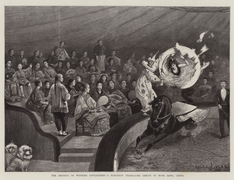 Der Vormarsch der westlichen Zivilisation, ein europäischer Wanderzirkus in Hongkong, China von Felix Hippolyte Lucas