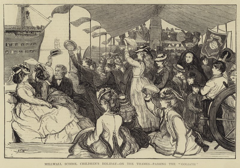 Ferien der Millwall-Schulkinder auf der Themse, vorbei an der Goliath von Francis S. Walker
