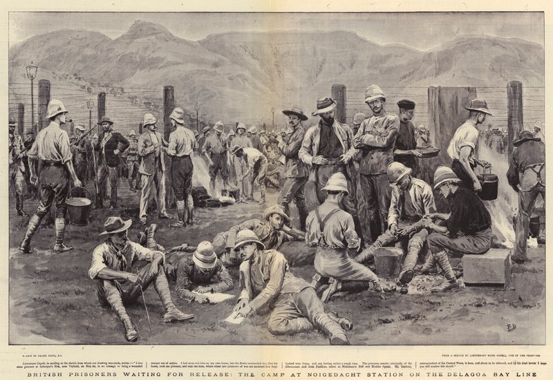 Britische Gefangene warten auf Freilassung, das Lager an der Noigedacht Station an der Delagoa Bay Linie von Frank Dadd