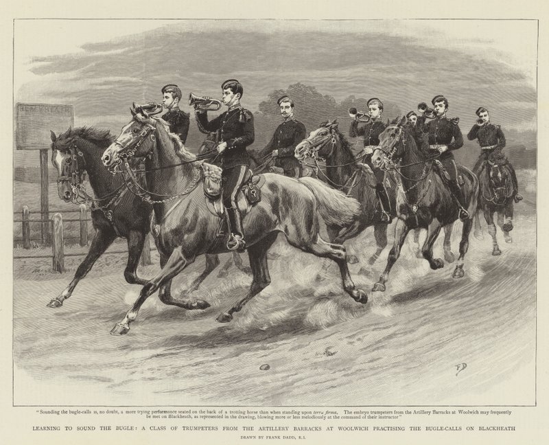 Das Buglehorn lernen, eine Klasse von Trompetern aus den Artilleriekasernen in Woolwich übt die Bugle-Rufe auf Blackheath von Frank Dadd