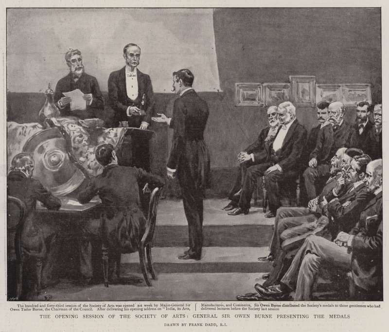 Die Eröffnungssitzung der Gesellschaft der Künste, General Sir Owen Burne überreicht die Medaillen von Frank Dadd