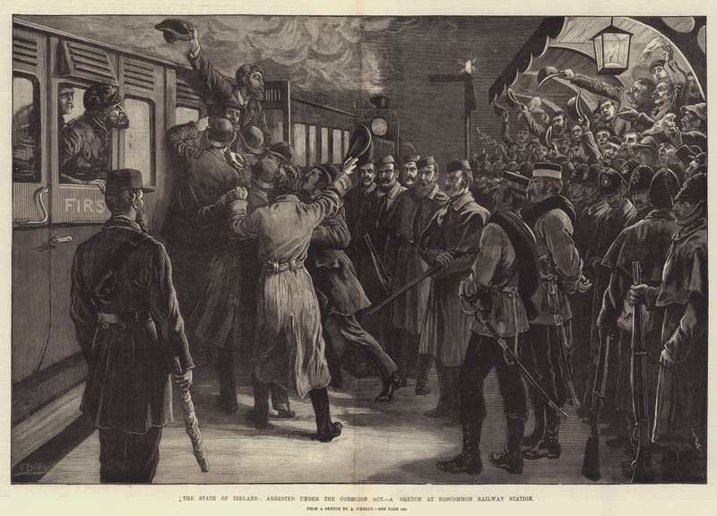 Der Zustand Irlands, verhaftet nach dem Zwangsgesetz, eine Skizze am Bahnhof von Roscommon von Frank Dadd