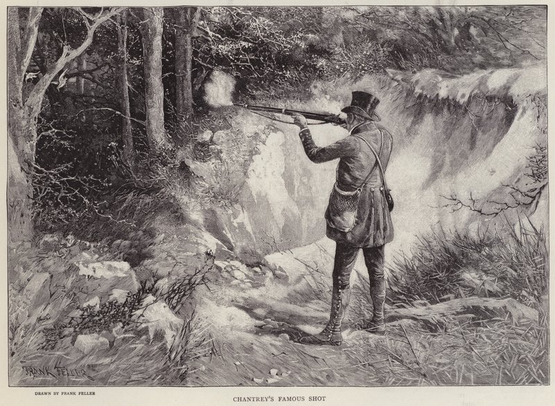 Sir Francis Chantrey tötet zwei Waldschnepfen mit einem Schuss bei der Jagd auf Holkham Hall, Norfolk von Frank (after) Feller