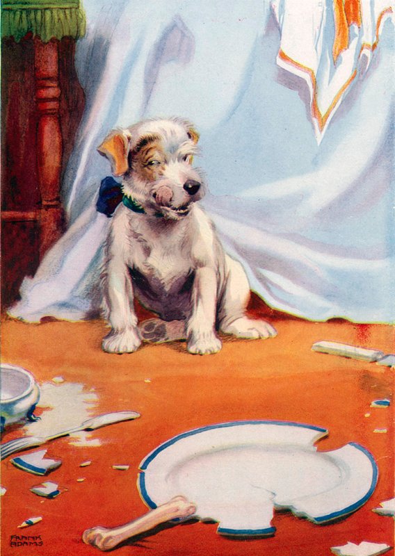 Hund mit zerbrochenem Teller (Farblithografie) von Frank Adams