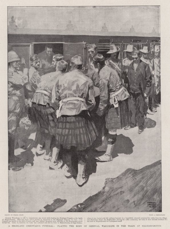 Beerdigung eines Highland-Häuptlings, die Leiche von General Wauchope wird in den Zug in Magersfontein gelegt von Frank Craig