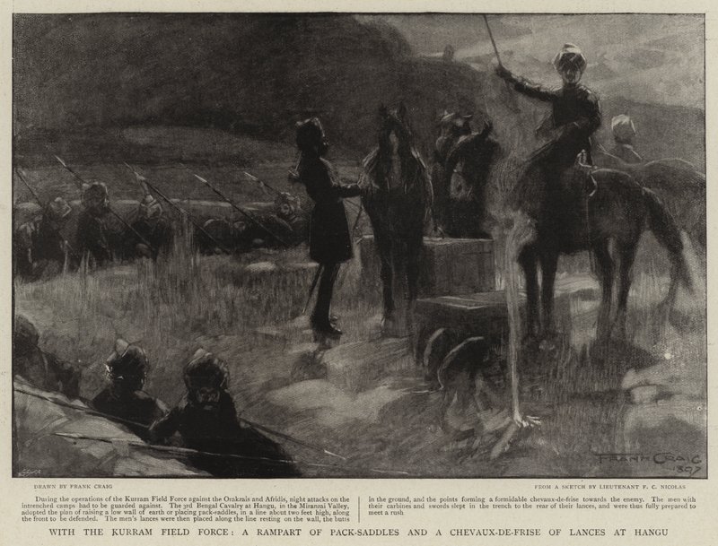 Mit der Kurram-Feldtruppe, eine Rampe aus Packsätteln und ein Chevaux-de-Frise aus Lanzen in Hangu von Frank Craig