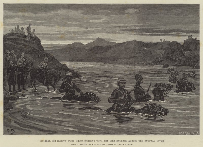 General Sir Evelyn Wood bei der Aufklärung mit den 15. Husaren über den Buffalo River von Frank Dadd