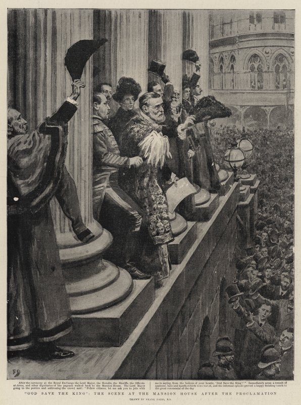 Gott schütze den König, die Szene im Mansion House nach der Proklamation von Frank Dadd