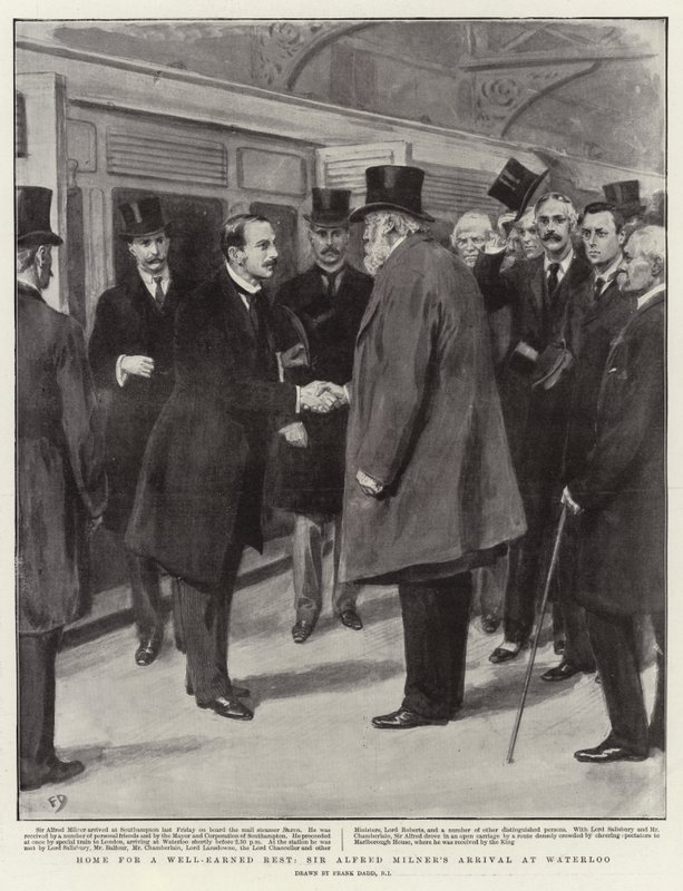 Heim für eine wohlverdiente Ruhe, Sir Alfred Milners Ankunft in Waterloo von Frank Dadd