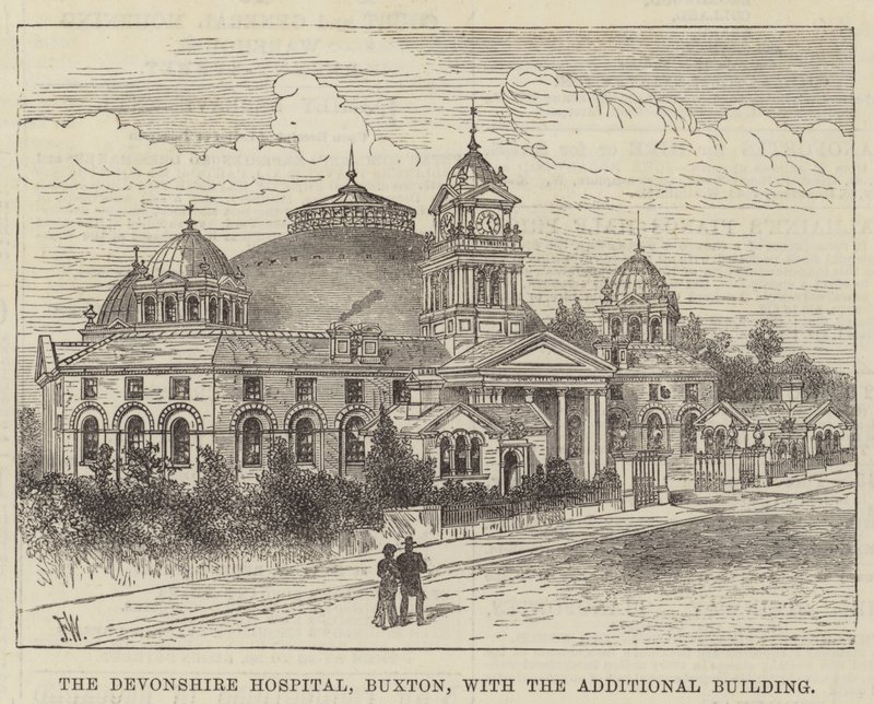 Das Devonshire Hospital, Buxton, mit dem zusätzlichen Gebäude von Frank Watkins