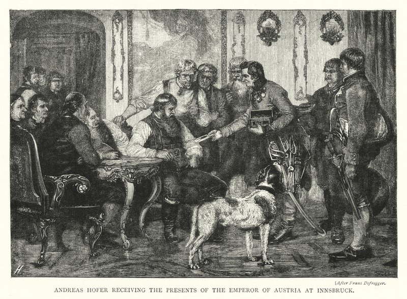 Andreas Hofer empfängt die Geschenke des Kaisers von Österreich in Innsbruck (Gravur) von Franz von (after) Defregger
