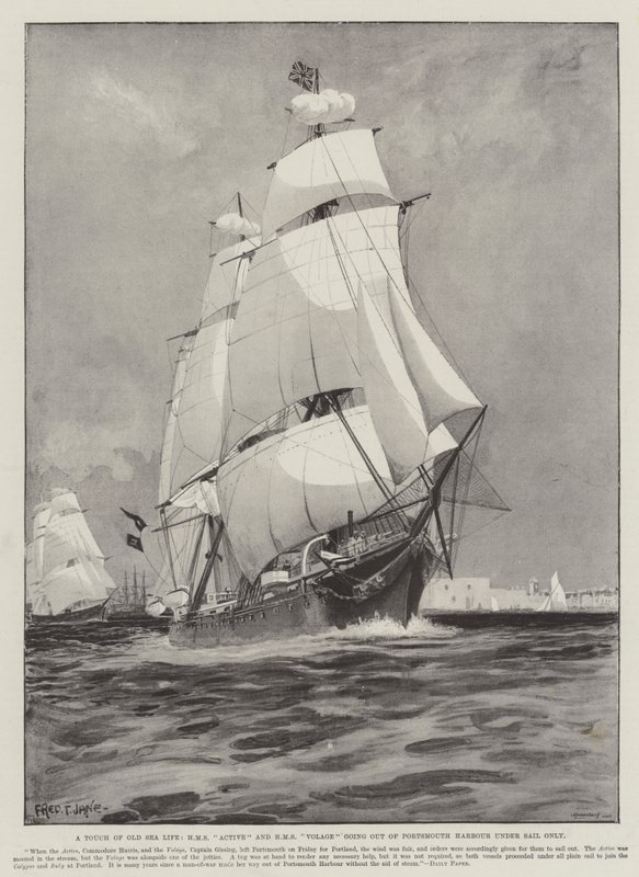 Ein Hauch von altem Seemannsgarn, HMS Active und HMS Volage verlassen den Hafen von Portsmouth nur unter Segeln von Fred T. Jane