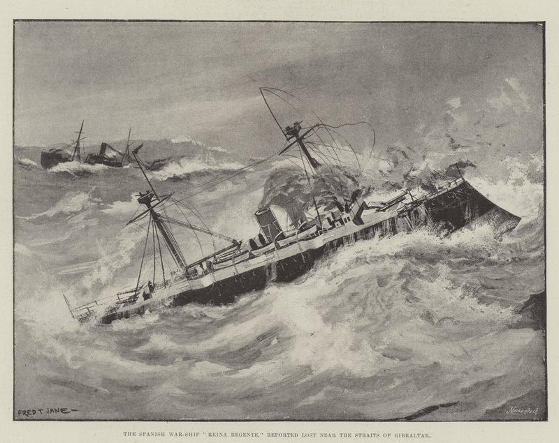 Das spanische Kriegsschiff Reina Regente, das in der Nähe der Straße von Gibraltar als verloren gemeldet wurde von Fred T. Jane