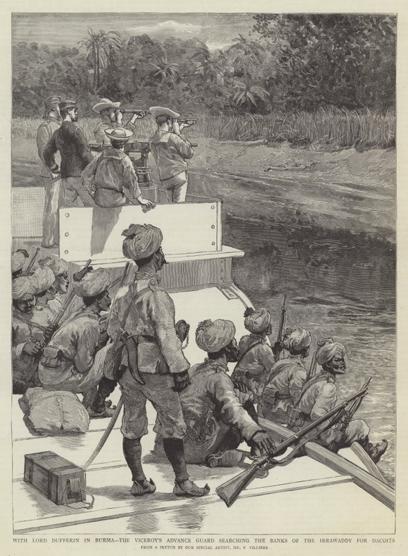 Mit Lord Dufferin in Burma, die Vorhut des Vizekönigs durchsucht die Ufer des Irrawaddy nach Dacoits von Frederic Villiers